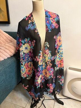 Black Floral Sheer Kimono Wrap - Bright Multicolor Flowers